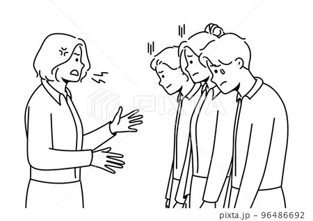 Furious businesswoman shout at stressed employees  96486692