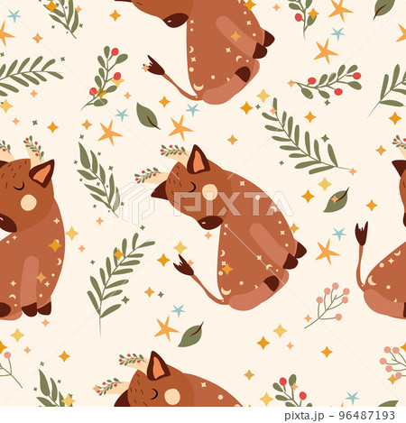 Seamless patterns with Taurus, colorful flowers, leaves and stars. Astrological Taurus zodiac. Bright astrological pattern can be used as textile, fabric, wallpaper, banner and other. Vector. 96487193