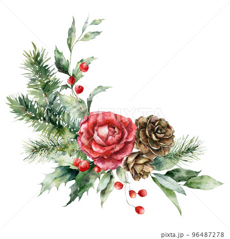 Watercolor Christmas bouquet of rose, holly, berries, pine branch and leaves. Hand painted holiday card of flowers and plants isolated on white background. Illustration for design, print, background. Watercolor Christmas bouquet of rose, holly, berries, pine branch and leaves. Hand painted holiday card of flowers and plants isolated on white background. Illustration for design, print, background. 96487278
