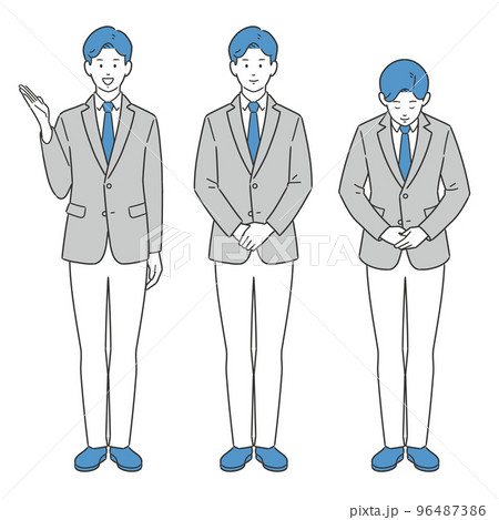 立ち姿で案内・紹介・説明するビジネスマンの全身イラストセット 96487386