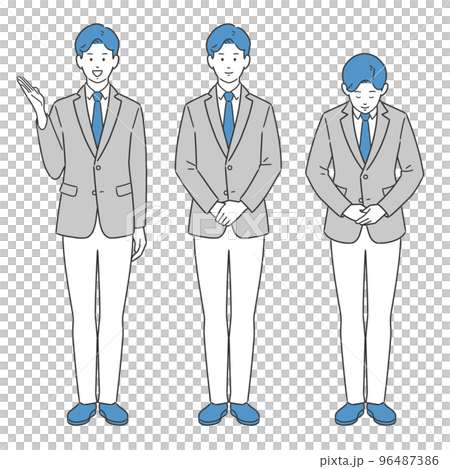 立ち姿で案内・紹介・説明するビジネスマンの全身イラストセット 96487386