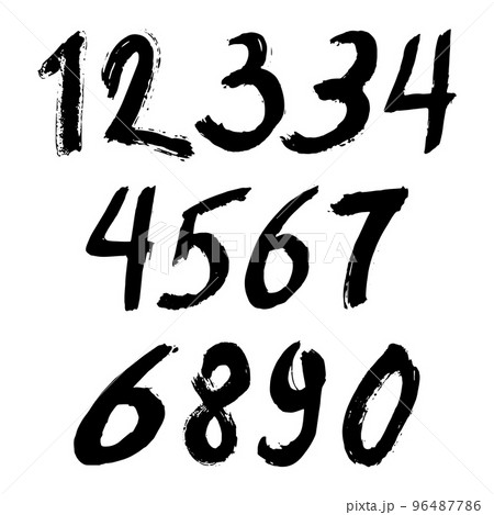 Set of calligraphic numbers painted by black brush on isolated white background. Lettering for your design. Vector illustration. 96487786