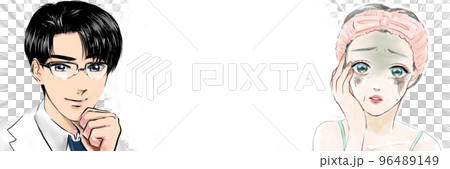 Cartoon illustration of a handsome glasses plastic surgeon giving polite advice to a middle-aged woman shocked by her aging face Cartoon illustration of a handsome glasses plastic surgeon giving polite advice to a middle-aged woman shocked by her aging face 96489149