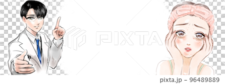 ニキビ肌にショックを受ける若い女性に丁寧なアドバイスをするイケメンメガネ皮膚科医師の漫画イラスト 96489889