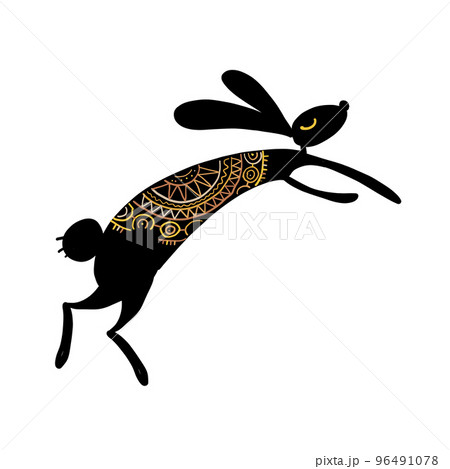 Rabbit isolated on white, black silhouette. Vintage ornament decor. Bunny - symbol of 2023 chineese new year. Vector illustration 96491078