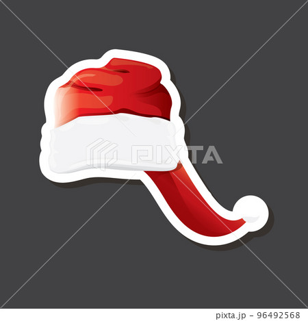 vector red funky Santa Claus hat sticker icon or label isolated on grey background. merry christmas design element for banners and geeting cards 96492568