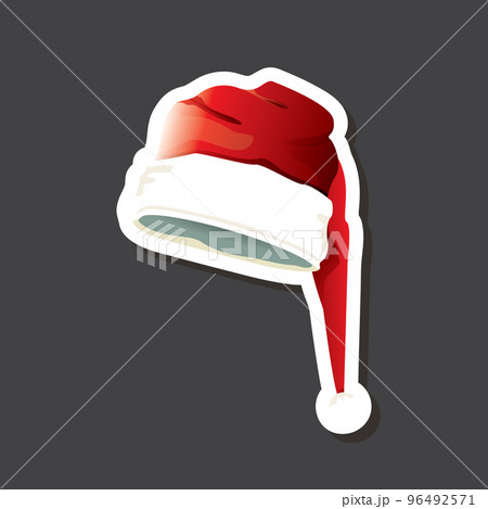 vector red funky Santa Claus hat sticker icon or label isolated on grey background. merry christmas design element for banners and geeting cards 96492571