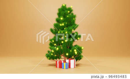 3D Rendering, Christmas tree and gift box with yellow smooth background 96493483