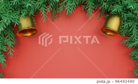 3D Rendering, Christmas card concept. The bell and wreath on the free space background. 96493490