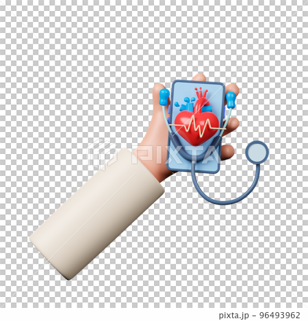 3d rendering concept smart online healthcare and medical service. Doctor hand holding smartphone with stethoscope and heart on screen. 3d rendering concept smart online healthcare and medical service. Doctor hand holding smartphone with stethoscope and heart on screen. 96493962