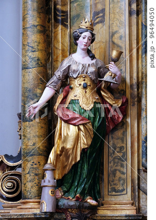 Statue of Saint Barbara on the Saint Mary altar in the church of Saint Leonard of Noblac in Kotari, Croatia 96494050