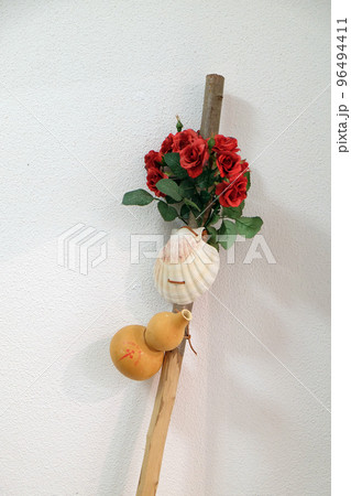 Staff of traveller pilgrim wanderer in city Santiago de Compostela, Galicia, Spain 96494411