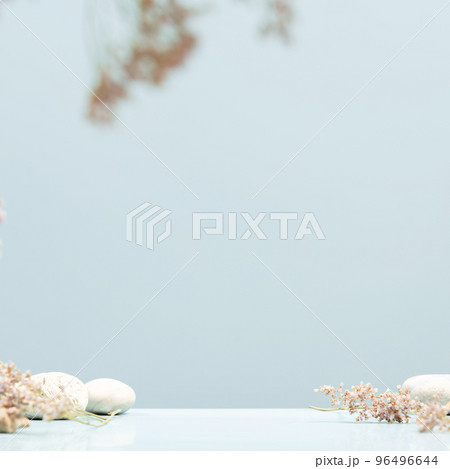 Background for cosmetic products with dry flowers and natural stones. Front view Background for cosmetic products with dry flowers and natural stones. Front view 96496644