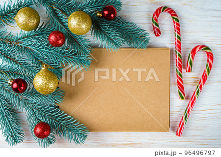 Blank notebook with christmas decoration. top view. Blank notebook with christmas decoration. top view. 96496797