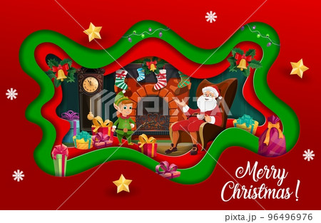 Christmas paper cut greeting card with santa in chair on fireplace interior and pine tree. Vector double exposition 3d design for xmas celebration with funny Father Noel and elf at home in festive eve Christmas paper cut greeting card with santa in chair on fireplace interior and pine tree. Vector double exposition 3d design for xmas celebration with funny Father Noel and elf at home in festive eve 96496976