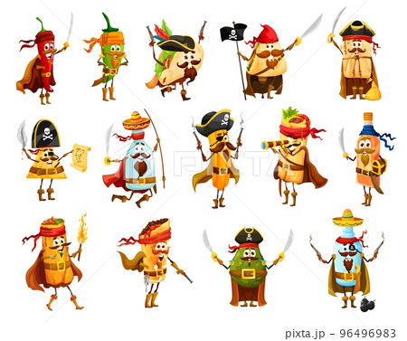 Tex mex mexican food pirates and corsairs funny characters. Vector jalapeno, tacos, nachos and burrito, tamale, pulque, tequila, avocado and churro with chimichanga or mezcal filibuster personages 96496983