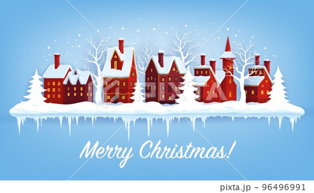 Christmas winter snowy town, winter holiday houses in snow, vector background. Merry Christmas holiday greeting card with village town and Xmas trees, snowfall snowflakes and frozen icicles Christmas winter snowy town, winter holiday houses in snow, vector background. Merry Christmas holiday greeting card with village town and Xmas trees, snowfall snowflakes and frozen icicles 96496991
