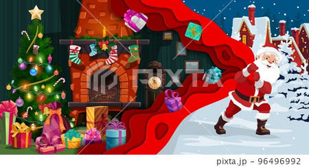 Christmas paper cut cartoon santa with gifts bag. Vector xmas greeting card with father noel wear red costume pull sack with home interior, fireplace, tree and gifts inside. 3d layered effect eve art 96496992