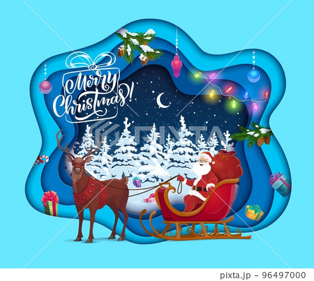 Christmas paper cut cartoon santa on sleigh in winter forest. Vector holiday xmas 3d papercut art with cheerful father noel deliver gifts by reindeer sled at night forest landscape with snowfall 96497000