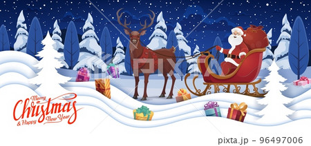 Christmas banner, cartoon Santa on sleigh, gifts in snow and winter forest, vector landscape. Merry Christmas and Happy New Year holiday paper cut card, Santa on reindeer sleigh in paper cutout layers 96497006
