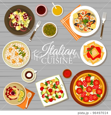 Italian cuisine food menu cover page. Pizza Diavola and seafood spaghetti pasta, ravioli with tomato sauce, cake Cassata and tomato mozzarella salad Caprese, octopus potato salad, mushroom risotto Italian cuisine food menu cover page. Pizza Diavola and seafood spaghetti pasta, ravioli with tomato sauce, cake Cassata and tomato mozzarella salad Caprese, octopus potato salad, mushroom risotto 96497014