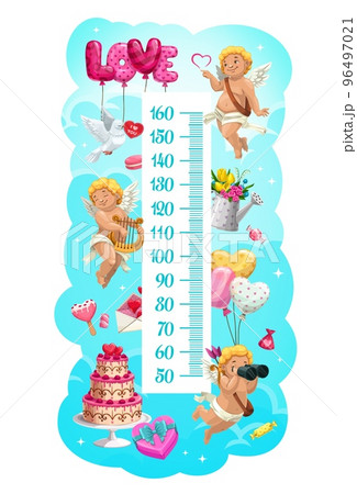 Kids height chart with cupids, balloons and sweets, vector growth meter. Kids height measure or baby tall scale with cartoon angels, love balloons, flowers and Valentine heart gifts on clouds 96497021