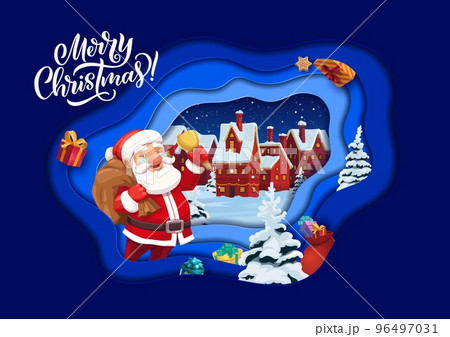 Christmas paper cut cartoon Santa in winter holiday town. Vector double exposition 3d effect greeting card with funny Saint Nicholas with bag ringing bell at night snowy city landscape 96497031