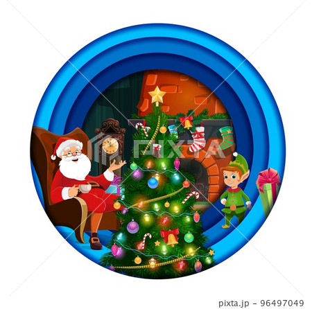 Christmas paper cut cartoon Santa, gnome and holiday tree near fireplace. Vector Xmas gifts, Santa Claus, elf and stockings in layered papercut round frame, Merry Christmas greeting card 96497049