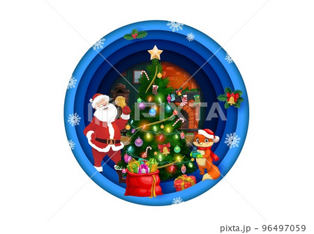 Christmas paper cut round banner. Santa with pine holiday tree, gifts and fireplace interface. Vector double exposition 3d design for xmas celebration with funny Father Noel and fox at festive home Christmas paper cut round banner. Santa with pine holiday tree, gifts and fireplace interface. Vector double exposition 3d design for xmas celebration with funny Father Noel and fox at festive home 96497059