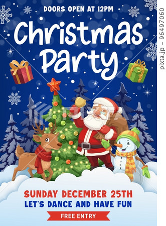 Christmas party flyer with paper cut snow, Santa and holiday pine tree, winter holidays vector poster. Merry Christmas party invitation with paper cut Santa gifts, reindeer and snowman at Xmas tree Christmas party flyer with paper cut snow, Santa and holiday pine tree, winter holidays vector poster. Merry Christmas party invitation with paper cut Santa gifts, reindeer and snowman at Xmas tree 96497060