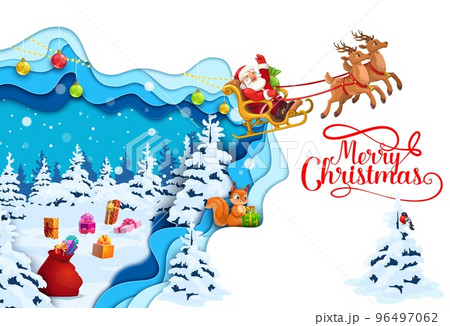 Christmas paper cut flying santa sleigh over the snowy forest. Vector 3d papercut layered effect card with funny cartoon Father noel riding sled in sky with snow, cute squirrel and xmas holiday gifts 96497062