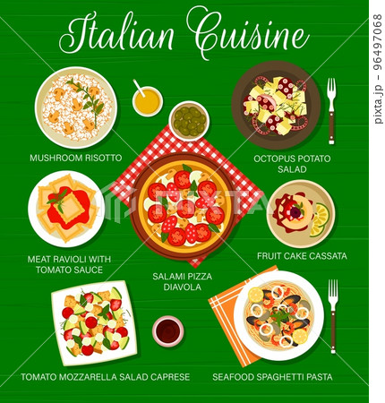 Italian cuisine food menu page. Mushroom risotto, seafood spaghetti pasta and tomato mozzarella salad Caprese, meat ravioli with tomato sauce and cake Cassata, pizza Diavola, octopus potato salad 96497068