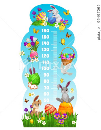 Kids height chart with Easter bunnies and eggs. Vector growth meter or stadiometer wall sticker with cartoon Easter egg basket and cute rabbits on green grass blades and spring flowers background Kids height chart with Easter bunnies and eggs. Vector growth meter or stadiometer wall sticker with cartoon Easter egg basket and cute rabbits on green grass blades and spring flowers background 96497069