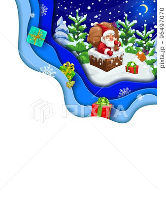 Christmas paper cut banner, cartoon santa with gifts on roof. Vector double exposition 3d design for xmas holidays with funny father noel stuck in chimney at xmas eve. Saint Nicholas deliver presents Christmas paper cut banner, cartoon santa with gifts on roof. Vector double exposition 3d design for xmas holidays with funny father noel stuck in chimney at xmas eve. Saint Nicholas deliver presents 96497070
