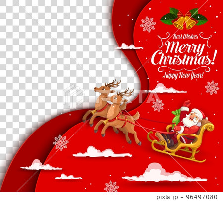 Christmas paper cut with santa on sleigh. Vector 3d papercut layer effect card with cartoon flying father noel riding sled in sky with clouds, snowflakes and empty place. Best Happy New Year wishes Christmas paper cut with santa on sleigh. Vector 3d papercut layer effect card with cartoon flying father noel riding sled in sky with clouds, snowflakes and empty place. Best Happy New Year wishes 96497080