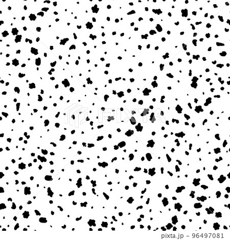 Dalmatian seamless pattern background, white and black dog spots splash, vector tile. Dalmatian freckles pattern with texture, dots splatter or ink brush drops and stains background 96497081