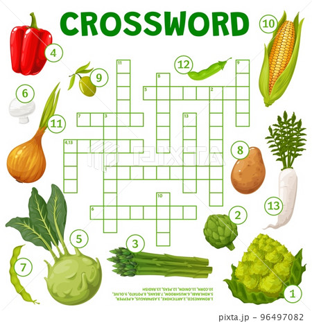 Cartoon farm vegetables crossword puzzle worksheet. Find a word quiz game, children playing activity or kids vocabulary puzzle vector book page template. Children intelligence riddle game with veggies Cartoon farm vegetables crossword puzzle worksheet. Find a word quiz game, children playing activity or kids vocabulary puzzle vector book page template. Children intelligence riddle game with veggies 96497082