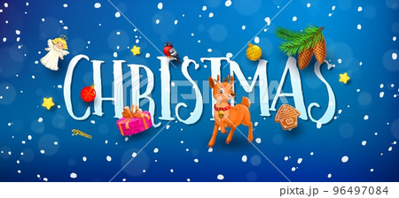 Christmas 3d banner with cartoon deer, lettering and decorations. Xmas holiday vector card with angel, bullfinch, snowflakes, gingerbread house. Baubles, pine cones on branch, gift box and stars 96497084
