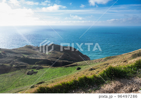Beautiful views of nature on way to Durdle door in Lulworth, Dorset, United Kingdom. Part of Jurassic Coast World Heritage Site, view of stone formations and sea, selective focus 96497286