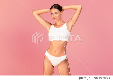 Young Beautiful Lady In Underwear With Dashed Lines On Her Body Young Beautiful Lady In Underwear With Dashed Lines On Her Body 96497653