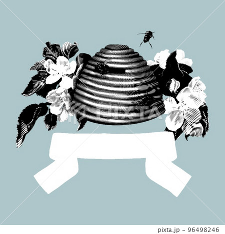 honey composition. graphic engraving realistic illustration of honey, flowers, honeycombs and bees 96498246