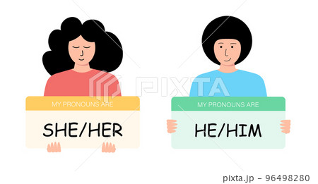 English pronouns She and He. Beautiful girl and man with signs for a book, presentation, website, application, education 96498280