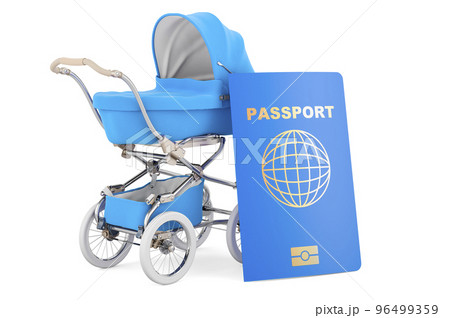 Passport with baby pram, 3D rendering 96499359