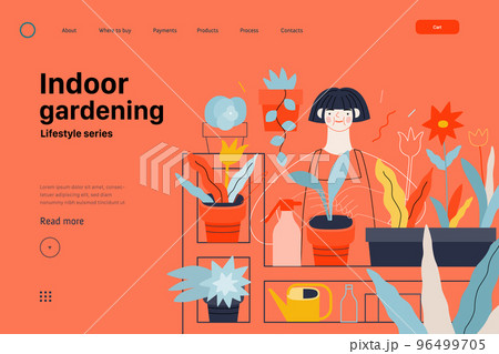 Lifestyle website template - Indoor gardening - modern flat vector illustration of a woman gardening at home - planting and watering. People activities concept 96499705