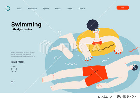 Lifestyle website template - Swimming - modern flat vector illustration of a man and a woman swimming in the pool. People activities concept Lifestyle website template - Swimming - modern flat vector illustration of a man and a woman swimming in the pool. People activities concept 96499707