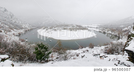 Panoramic view of Arda river in Rodopi Mountains. Kardzali province, Bulgaria, in snowy winter day 96500307