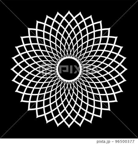 Circle Geometric Radial Pattern. White Design Element on Black Background. Circle Geometric Radial Pattern. White Design Element on Black Background. 96500377