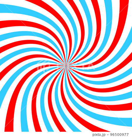 Red and blue radial twisted stipes, vortex effect, pinwheel pattern. Circus, carnival or festival background. Bubble gum, sweet lollipop candy, ice cream texture 96500977