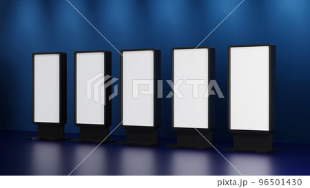 Blank mock up vertical billboard or LCD screen floor stand inside building, 3D rendering. 96501430