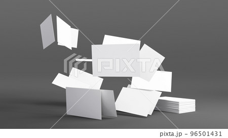 Stack of blank white business card, namecard mockup on grey background, 3D rendering. 96501431